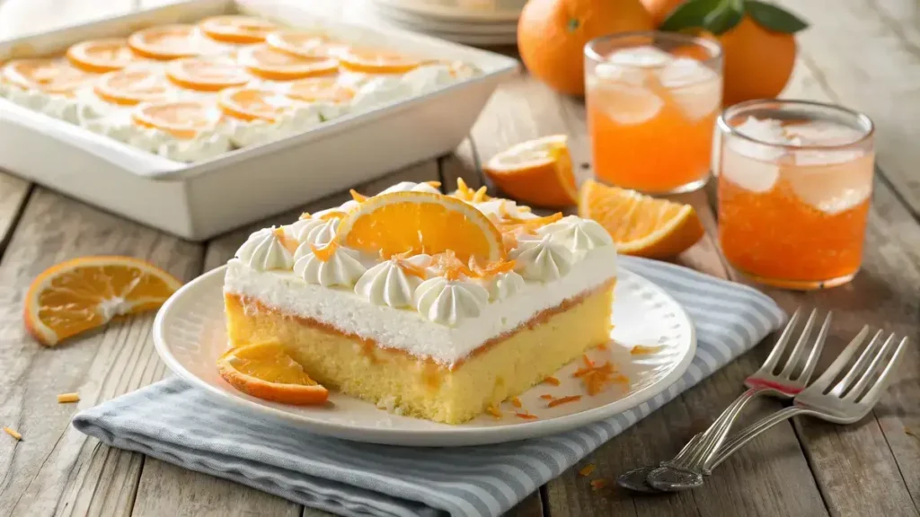 Delicious orange creamsicle poke cake topped with whipped cream and orange slices.