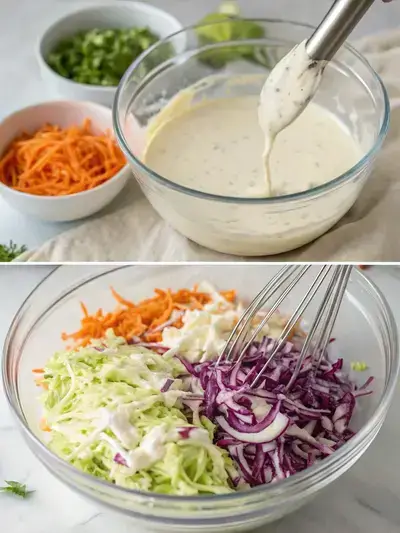 Step-by-step preparation of KFC coleslaw copycat, showcasing fresh vegetables and creamy dressing in a divided image format.