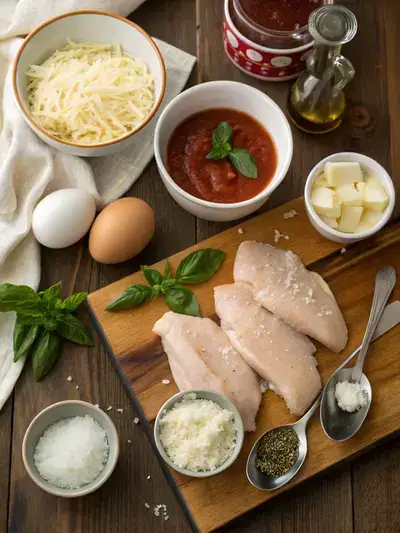 Ingredients for keto chicken parmesan displayed on a kitchen table, including chicken, almond flour, cheese, and herbs.