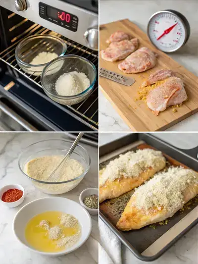 Step-by-step preparation of keto chicken parmesan, including preheating the oven, pounding chicken, and setting up breading stations.