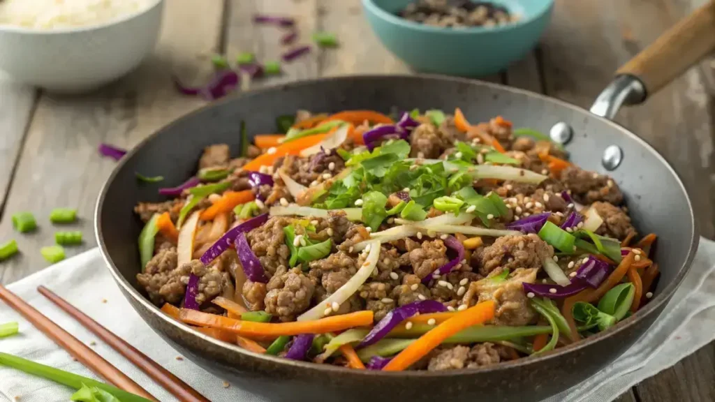 A delicious keto egg roll in a bowl with ground meat, cabbage, and carrots garnished with green onions and sesame seeds.