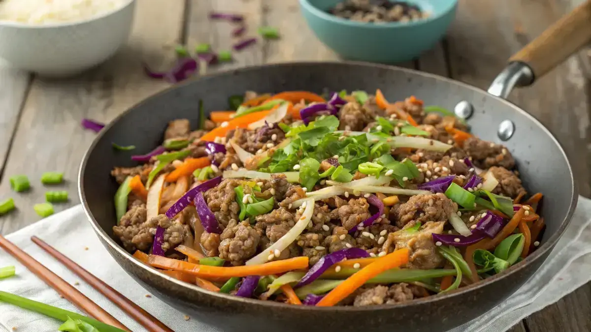 A delicious keto egg roll in a bowl with ground meat, cabbage, and carrots garnished with green onions and sesame seeds.