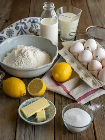 Ingredients for lemon bundt cake displayed on a kitchen table.