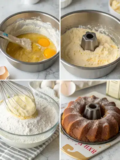 Step-by-step process of making a 7up bundt cake, including preheating the oven, mixing dry and wet ingredients, and pouring batter into the bundt pan.