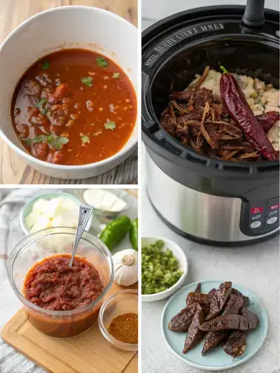 Step-by-step process of making birria tacos, including soaking chiles, blending sauce, seasoning beef, and serving tacos with fresh toppings.
