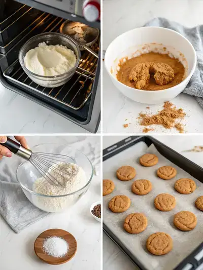 Step-by-step process of making Biscoff butter cookies, including preheating the oven, creaming ingredients, mixing dry ingredients, and scooping dough onto a baking sheet.