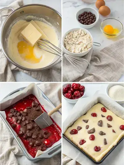 Step-by-step process of making Cherry Cheesecake Brownies, including preheating the oven, melting chocolate, mixing ingredients, and layering.