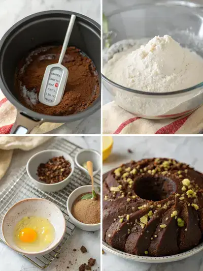 Step-by-step process of making chocolate pistachio bundt cake, including preheating the oven, preparing the Bundt pan, mixing dry ingredients, and creaming butter and sugar.