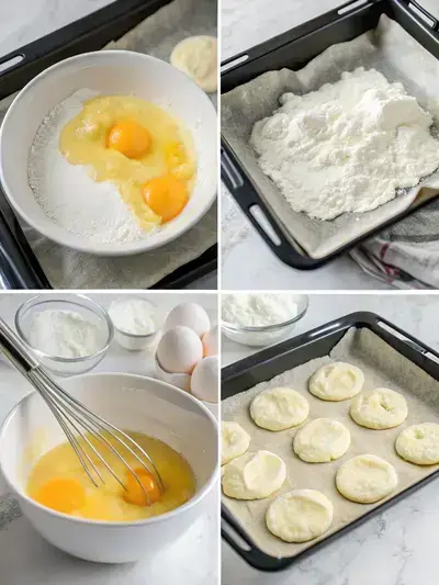 Step-by-step process of making Cloud Bread, showcasing preheating the oven, separating eggs, mixing yolks, and whipping egg whites.