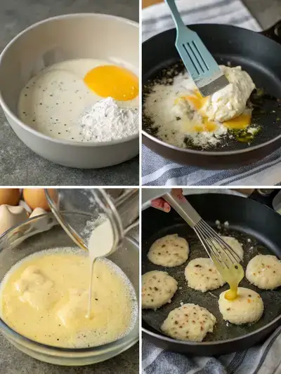 Step-by-step process of making egg patties, including whisking ingredients, heating a skillet, pouring egg mixture, and forming patties.