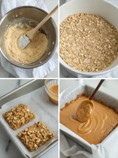 Step-by-step process of making granola peanut butter bars, including lining a pan, melting ingredients, and mixing oats.