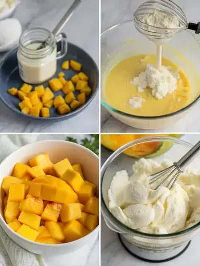 Step-by-step process of making Korean mango ice cream, showing ingredients and preparation stages.