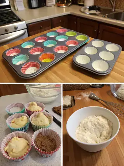 Step-by-step process of making Mini Cupcakes, including preheating the oven, mixing ingredients, and filling muffin cups.