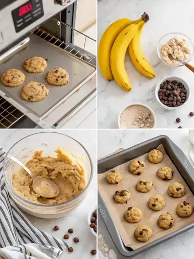 Step-by-step process of making peanut butter banana cookies, including preheating the oven, mashing bananas, mixing in peanut butter, and preparing cookie dough.