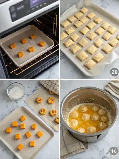 Step-by-step process of making pretzel bites with cheese, including preheating the oven, preparing dough, adding cheese, and boiling the bites.