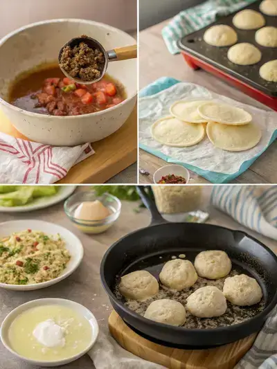 Step-by-step process of making puffy tacos, including mixing dough, shaping tortillas, frying, and assembling with toppings.