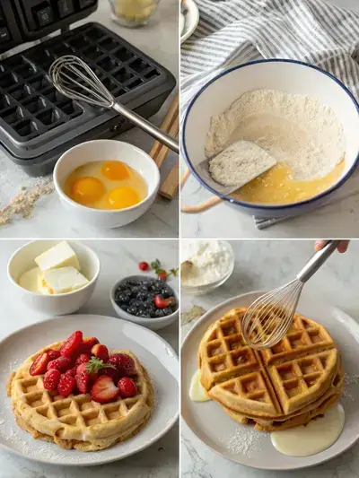Step-by-step process of making wheat waffles, including mixing ingredients and cooking in a waffle iron.