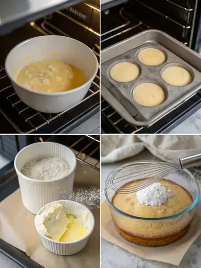 Step-by-step process of making a 4 inch cake, including preheating the oven, mixing dry ingredients, creaming butter and sugar, and pouring batter into a cake pan.