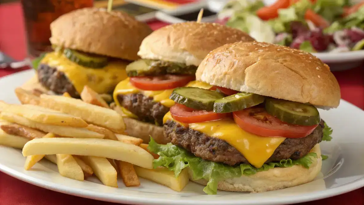 A close-up of holy cow burgers with melted cheese and fresh toppings on a plate.