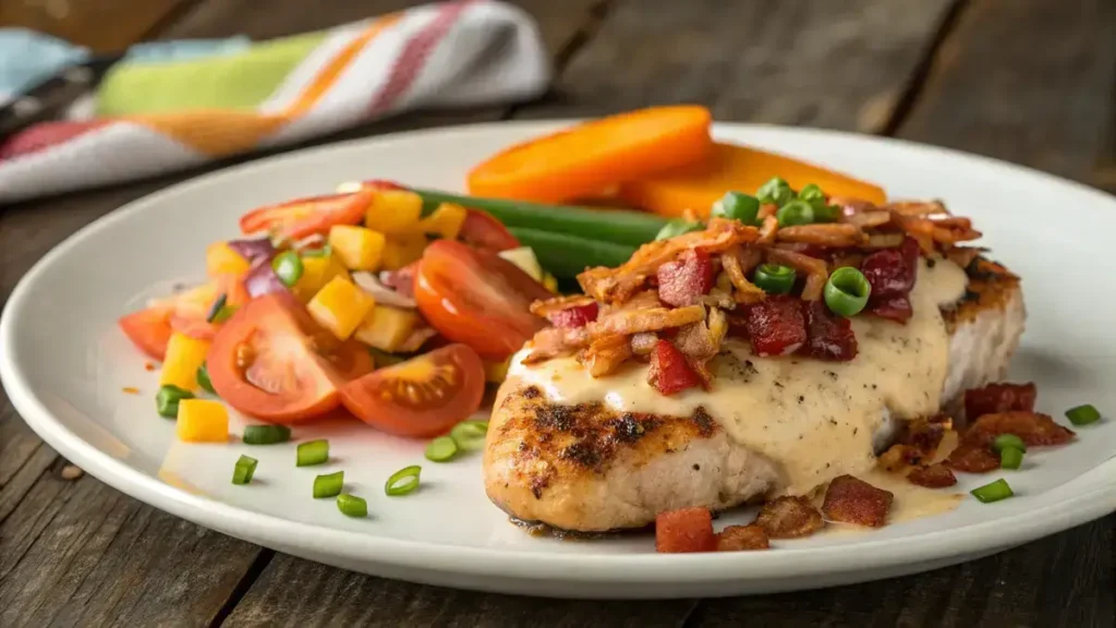 Delicious Monterey Chicken topped with bacon and cheese, garnished with green onions.