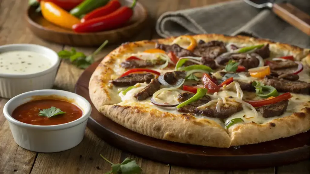 Philly Cheese Steak Pizza with melted cheese and fresh toppings on a wooden table.