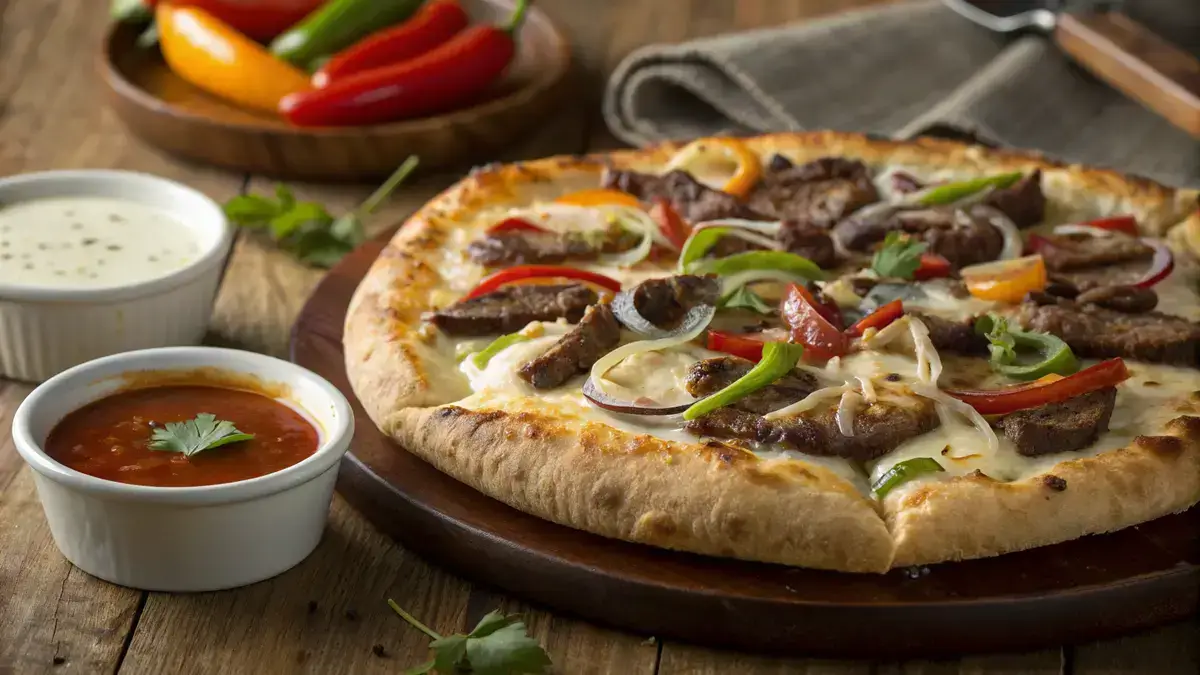 Philly Cheese Steak Pizza with melted cheese and fresh toppings on a wooden table.