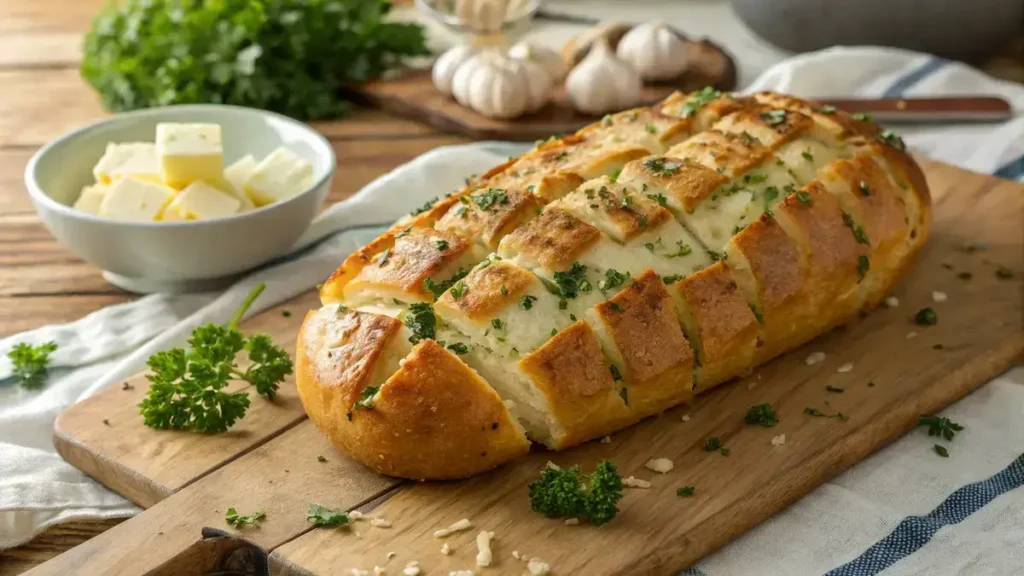 Delicious Pull Apart Garlic Bread with melted cheese and garlic butter on a wooden cutting board.