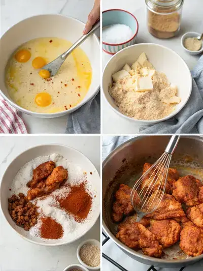 Step-by-step process of preparing Nashville hot chicken, including whisking buttermilk and eggs, preparing the flour mixture, heating oil, and brushing spicy butter on fried chicken.