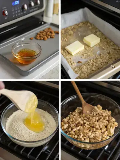 Step-by-step process of making nut bars, including preheating the oven, melting ingredients, mixing dry ingredients, and pressing the mixture into a pan.