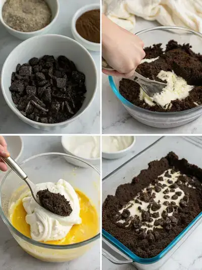 Step-by-step preparation of Oreo Lasagna, showcasing the crust, cream cheese layer, pudding layer, and final topping with crushed Oreos.