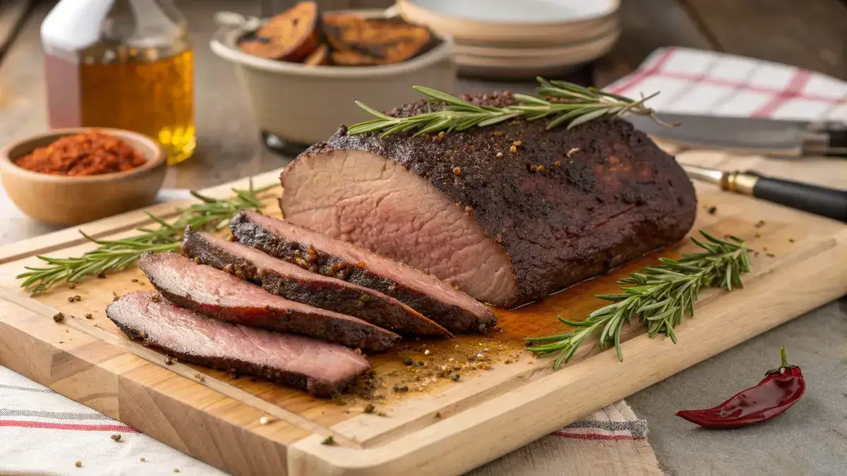 Sliced whole brisket on a cutting board with herbs and spices in a rustic kitchen.