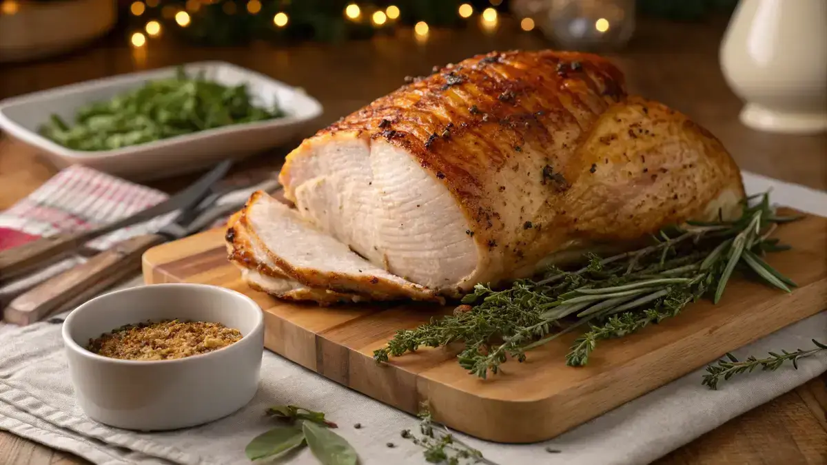 Roasted bone turkey breast on a cutting board with herbs and spices.