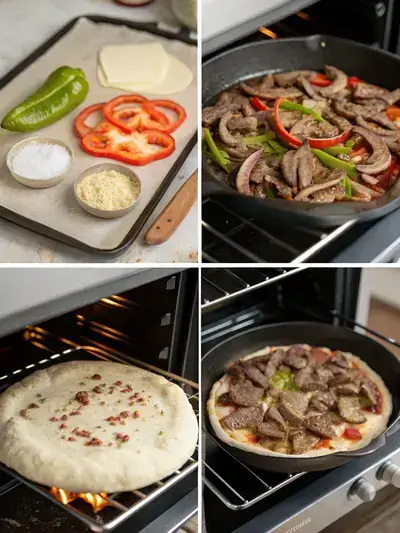 Step-by-step process of making Philly Cheese Steak Pizza, including preheating the oven, sautéing vegetables, cooking steak, and rolling out pizza dough.