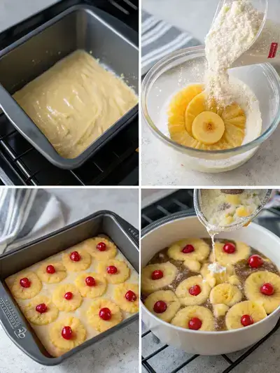 Step-by-step process of making pineapple upside down cake, including preheating the oven, arranging pineapple and cherries, mixing ingredients, and spreading batter.