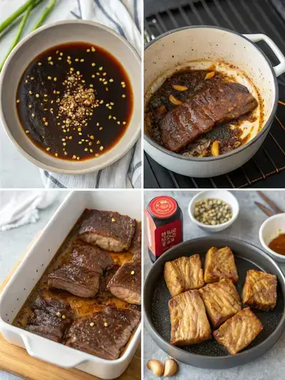 Step-by-step preparation of beef short ribs, including marinade, marinating, preheating oven, and searing ribs.