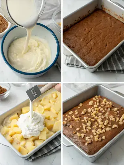 Step-by-step preparation of Better Than Sex Cake, showcasing baking, soaking, and layering ingredients.