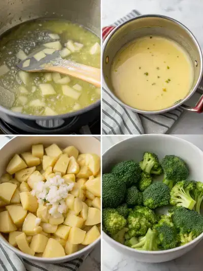 Step-by-step preparation of broccoli potato soup, showcasing melting butter, sautéing onion and garlic, adding vegetables, and blending the soup.