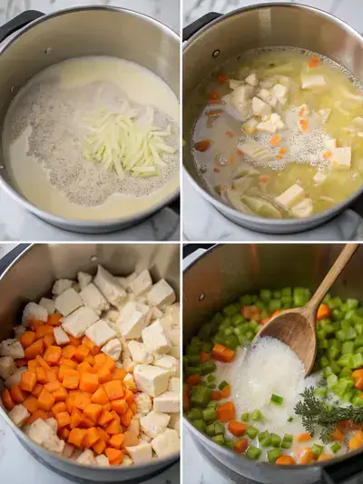 Step-by-step preparation of Chicken Pot Pie Soup, showcasing melted butter, sautéed vegetables, flour, and whisked broth and milk.