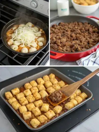 Step-by-step preparation of Chili Cheese Tater Tot Casserole, including sautéing onions, browning beef, and assembling the dish.