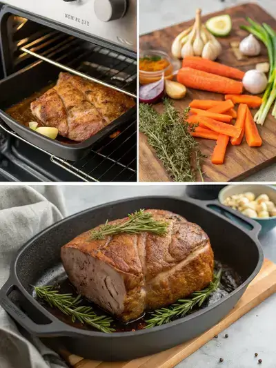 Step-by-step preparation of chuck eye roast, showcasing seasoning, searing, and resting with vegetables.