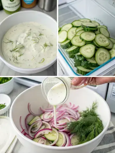 Step-by-step preparation of creamy cucumber salad, showcasing fresh ingredients and mixing process.
