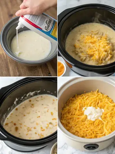 Step-by-step preparation of Crockpot Hashbrown Casserole, including spraying the crockpot, mixing ingredients, adding hashbrowns and cheese, and transferring to the crockpot.