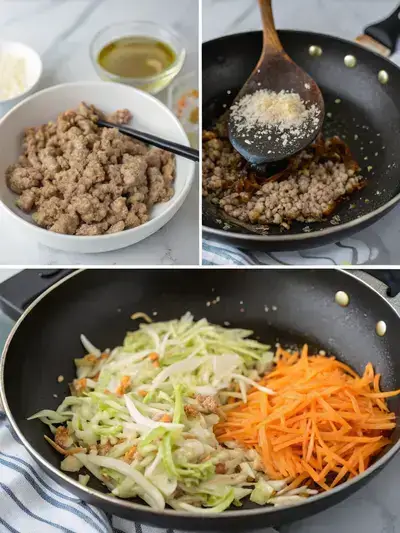 Step-by-step preparation of keto egg roll in a bowl, showcasing heating oil, sautéing aromatics, cooking ground meat, and adding vegetables.