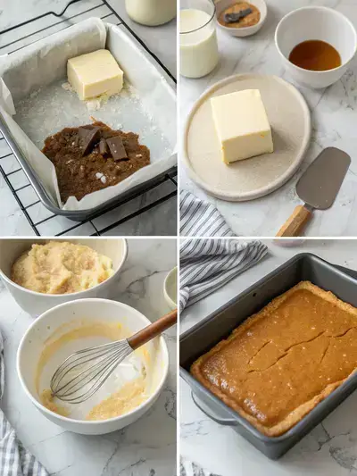 Step-by-step preparation of MILLIONAIRE SHORTBREAD, including preheating the oven, creaming butter and sugar, forming dough, and pouring caramel.