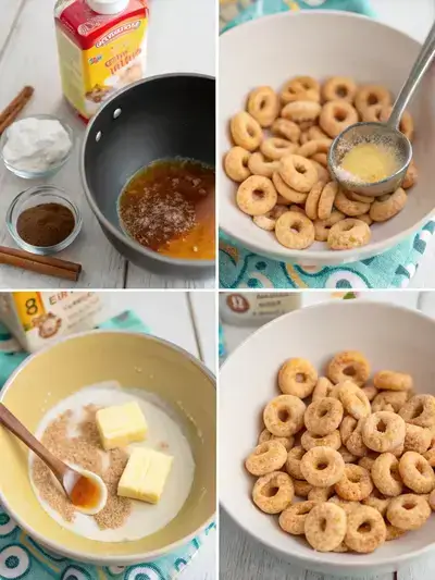 Step-by-step preparation of Mini Doughnut Hot Buttered Cheerios, showcasing melting butter, syrup mixture, Cheerios in a bowl, and drizzling the mixture over the Cheerios.