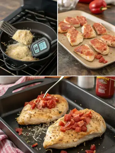 Step-by-step preparation of Monterey chicken, showcasing seasoning, searing, and baking process.