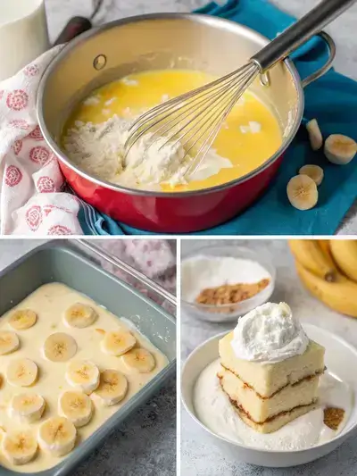 Step-by-step preparation of not yo mama's banana pudding, showcasing whisking ingredients, adding milk, and layering the dessert.