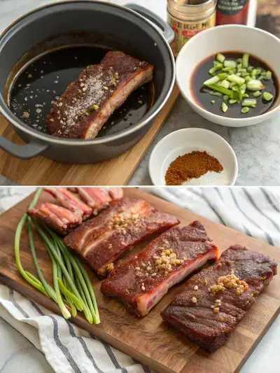 Step-by-step preparation of Plate Short Ribs, including seasoning, marinade, searing, and serving.
