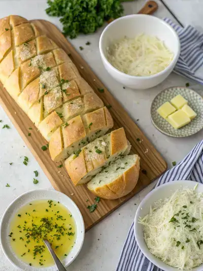 Step-by-step preparation of Pull Apart Garlic Bread, showcasing the cutting, garlic butter mixing, and cheese stuffing process.