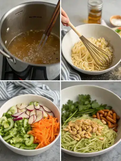 Step-by-step preparation of Ramen Noodle Salad, showcasing cooking noodles, making dressing, adding vegetables, and the final salad presentation.